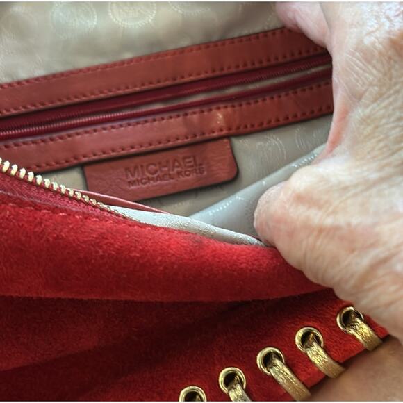 Michael Michael Kors Red and Gold Grommet Whipstitch Suede Fringe Rhea Crossbody - Picture 7 of 11